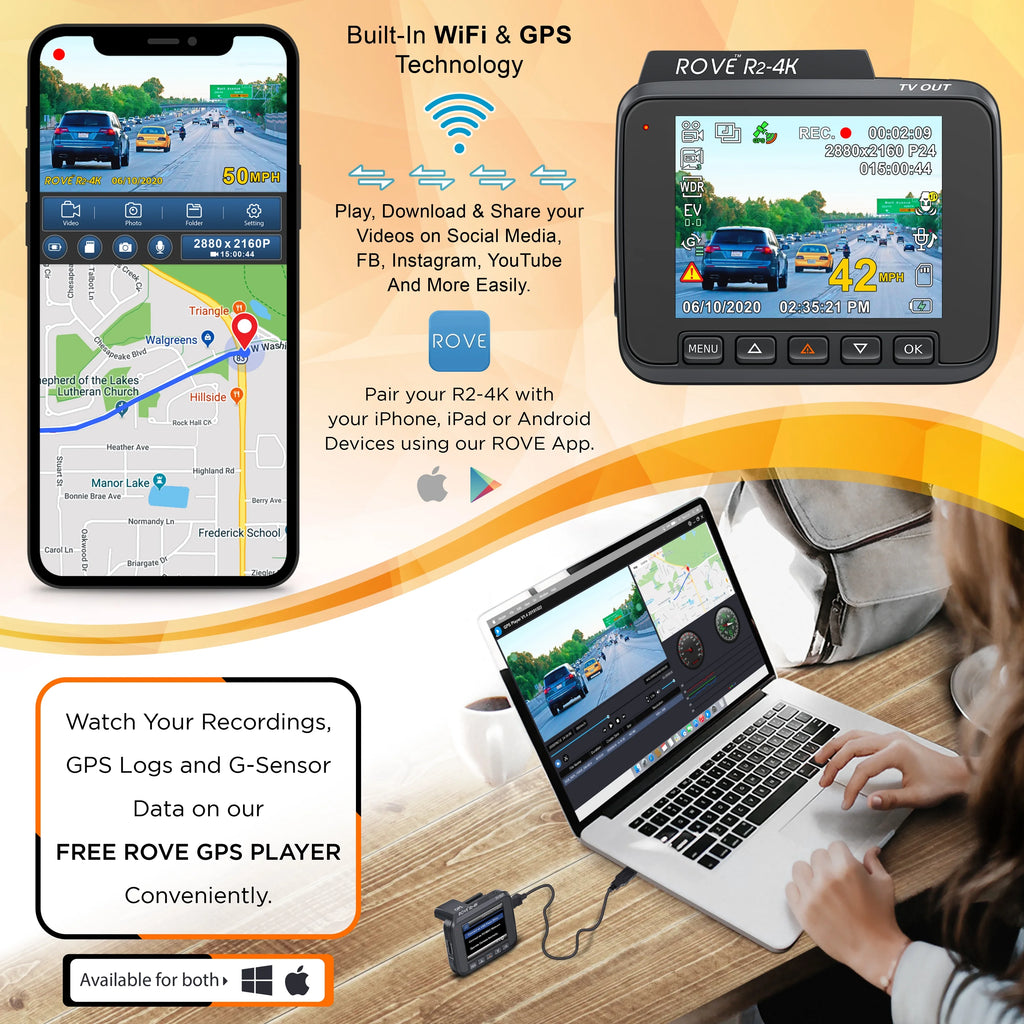 R2-4K Dash Cam with Built-in WiFi GPS, UHD 2160P, 2.4" LCD Display, 150° Wide Angle, WDR, Night Vision L7476
