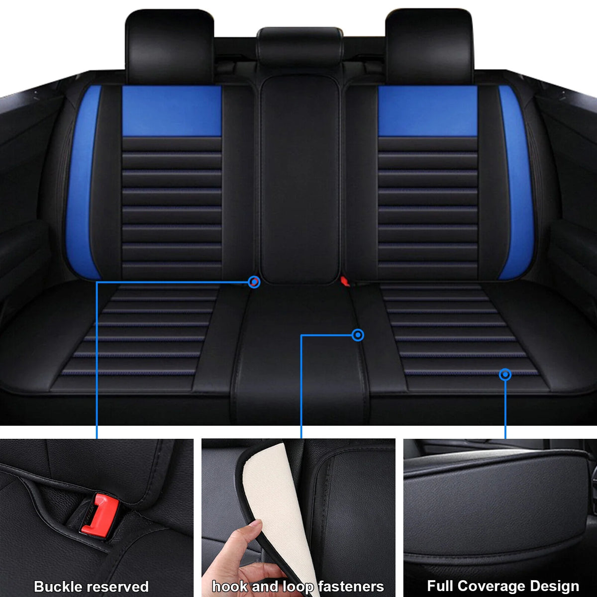 Black+Blue PU Leather Car Seat Covers Set P6665