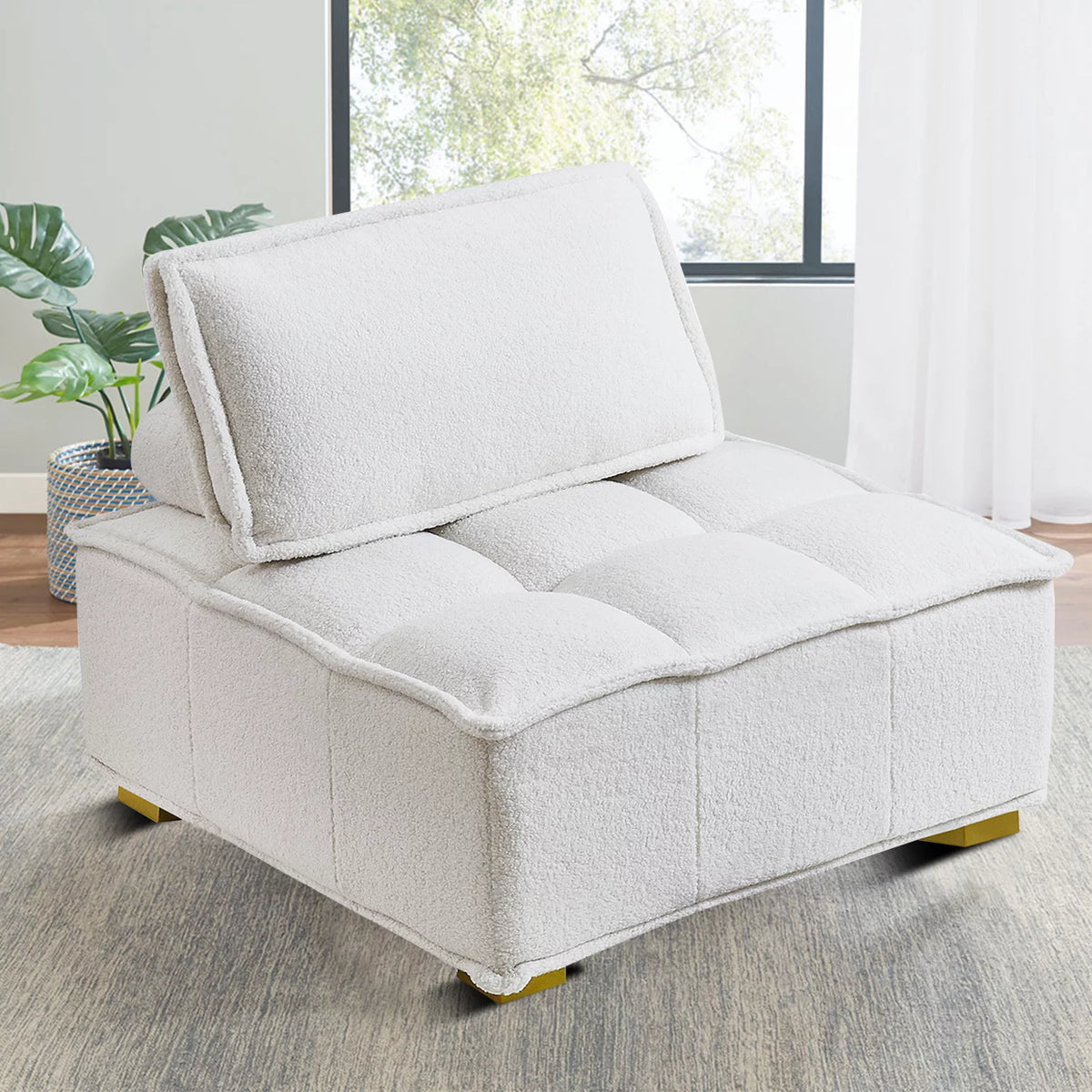 White Teddy Fabric Armless Accent Chair with Cushion N8106