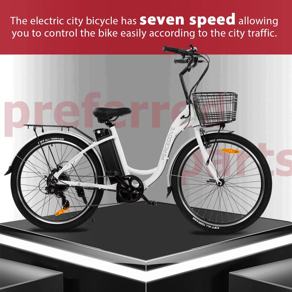 26 Inch 350 W White 7 Speed Electric Bicycle with Basket I7992