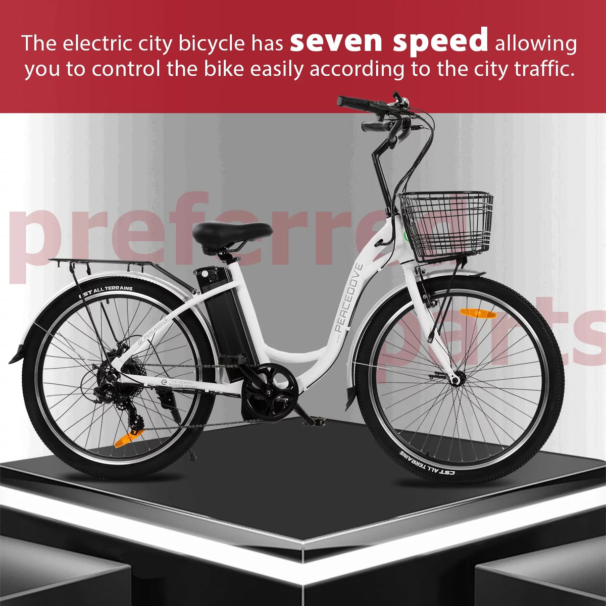 26 Inch 350 W White 7 Speed Electric Bicycle with Basket I7992