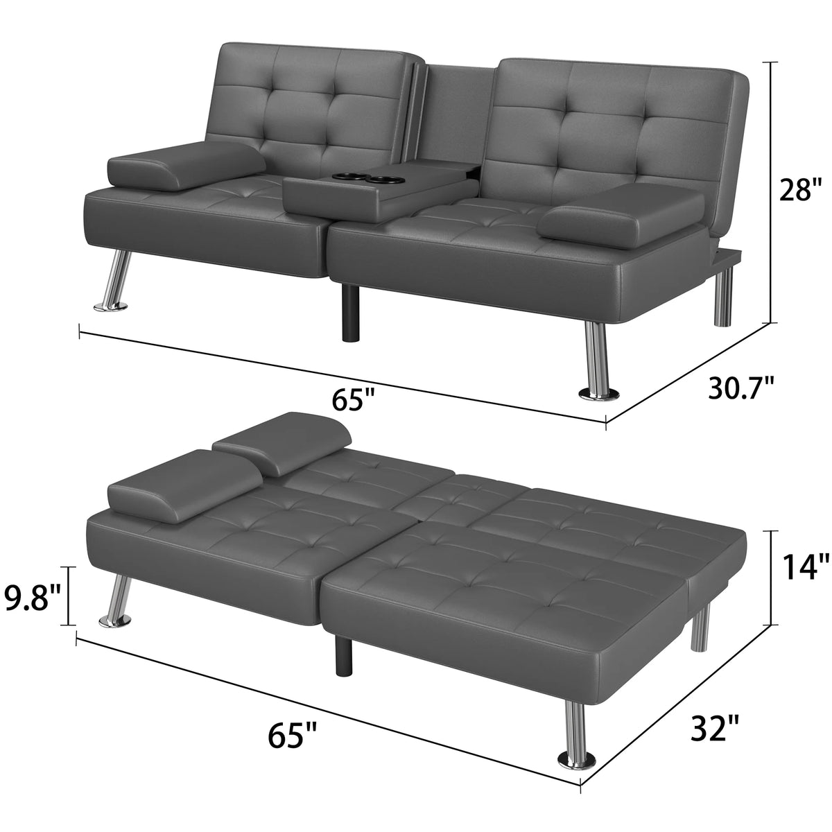Faux Leather Convertible Futon Sofa Bed with 2 Cup Holders B613611