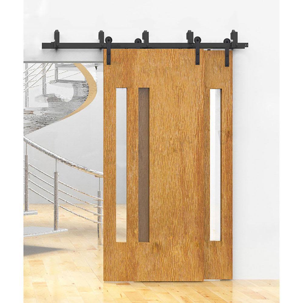 Black Bypass Sliding Barn Hardware Track Kit for Double Wood Doors B3819